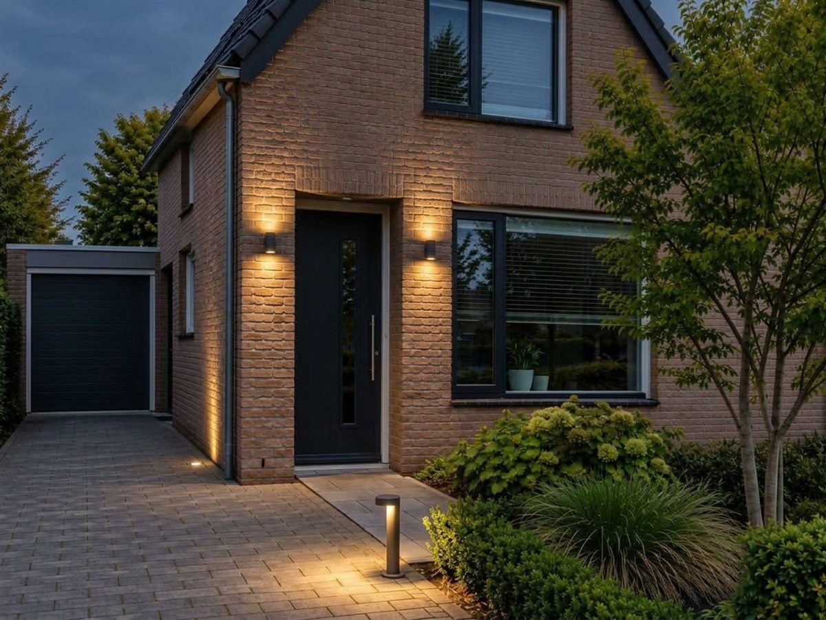 Een tuin overdag, door de KTS Lichtplan configurator omgezet naar een realistisch avondbeeld met warme gevelspots en padverlichting